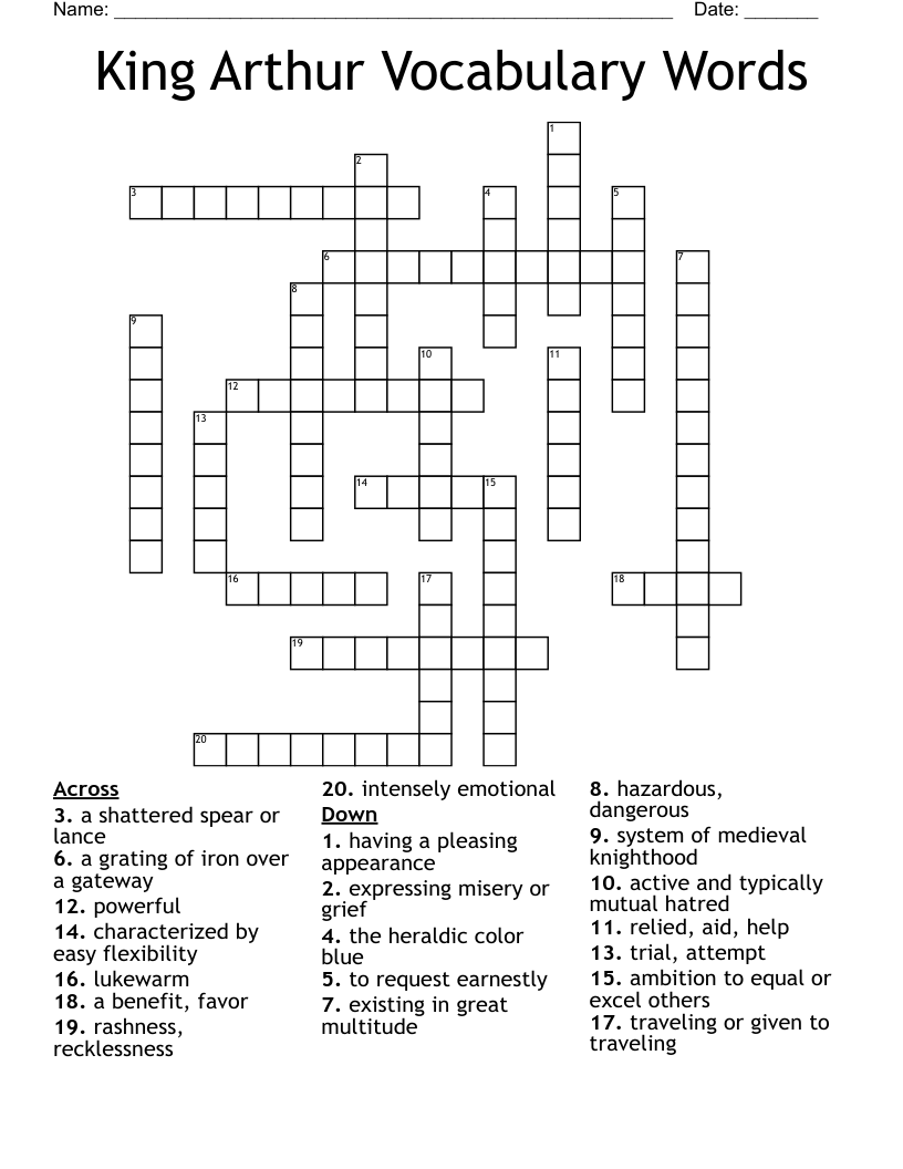 King Arthur Vocabulary Words Crossword