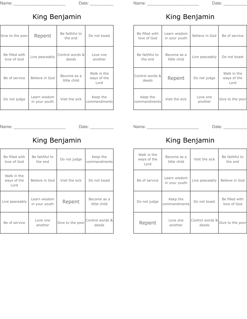 King Benjamin Bingo Cards