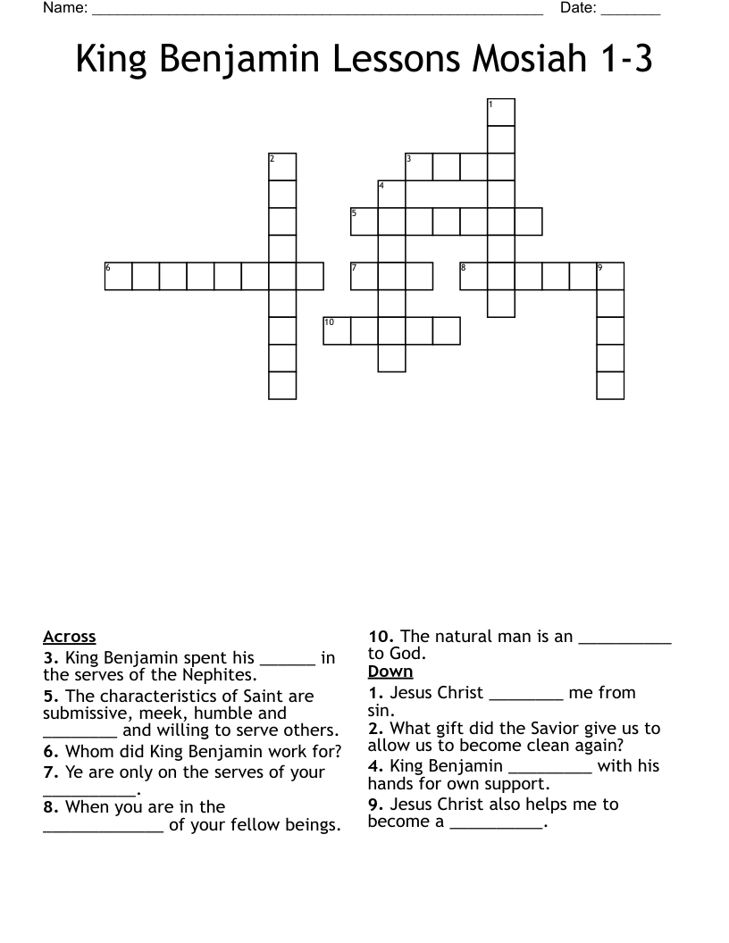 King Benjamin Lessons Mosiah 1-3 Crossword