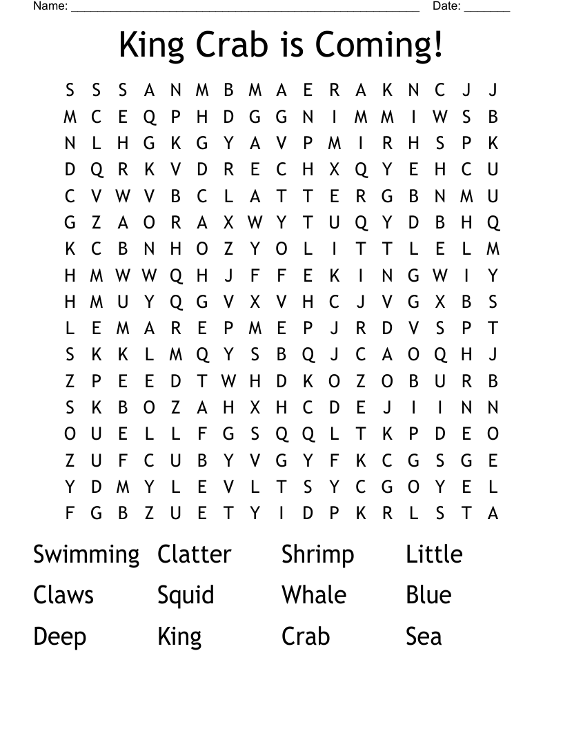King Crab is Coming! Word Search