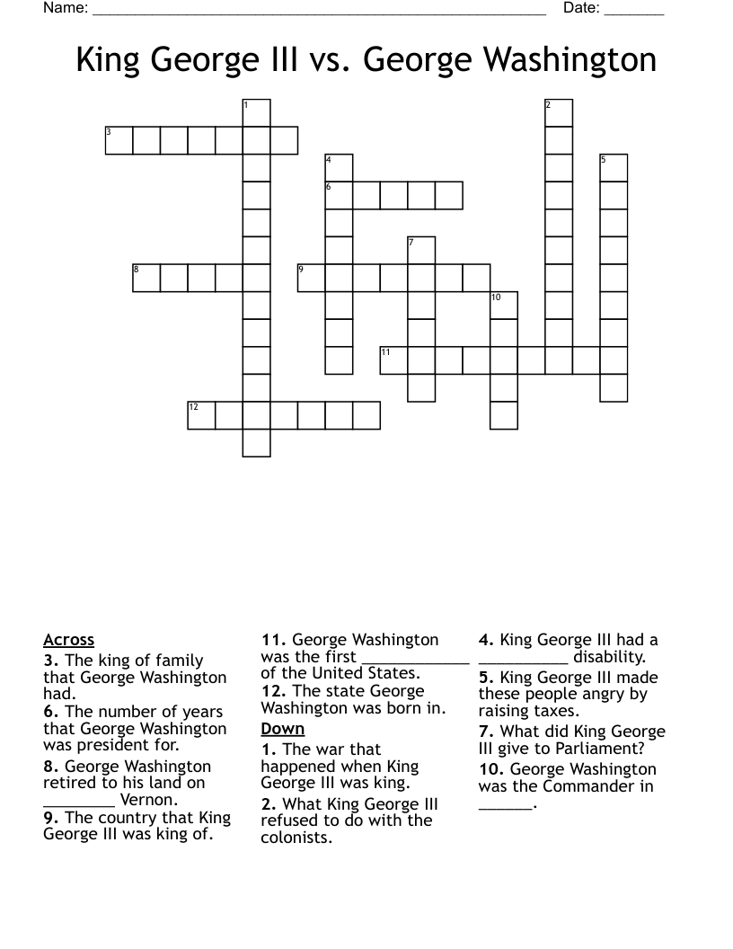 King George III vs. George Washington Crossword