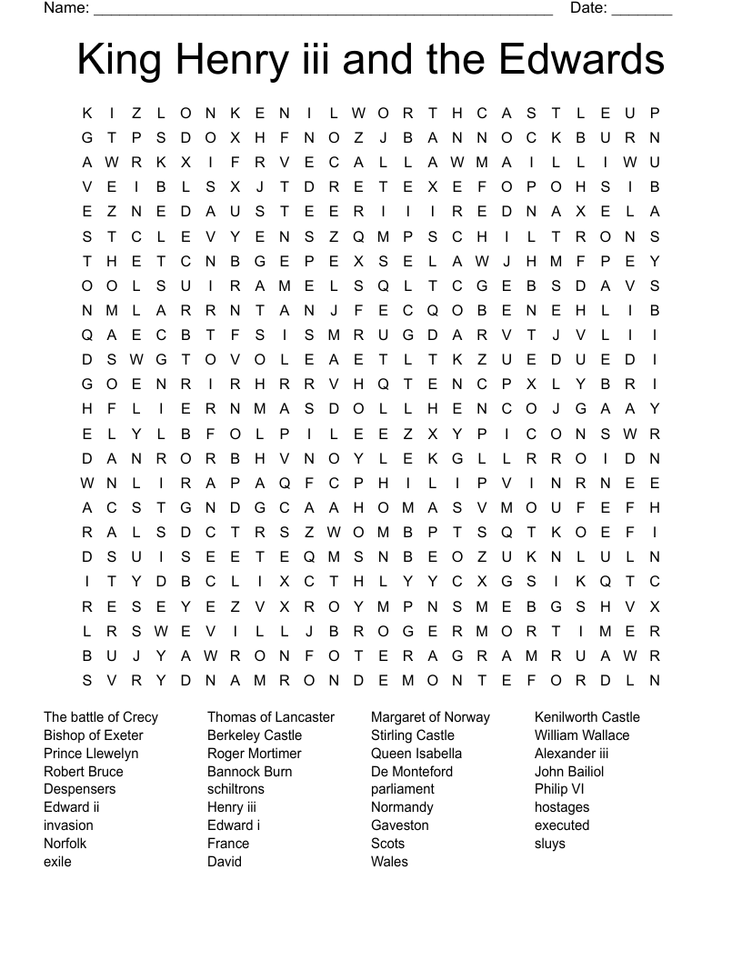 King Henry iii and the Edwards Word Search