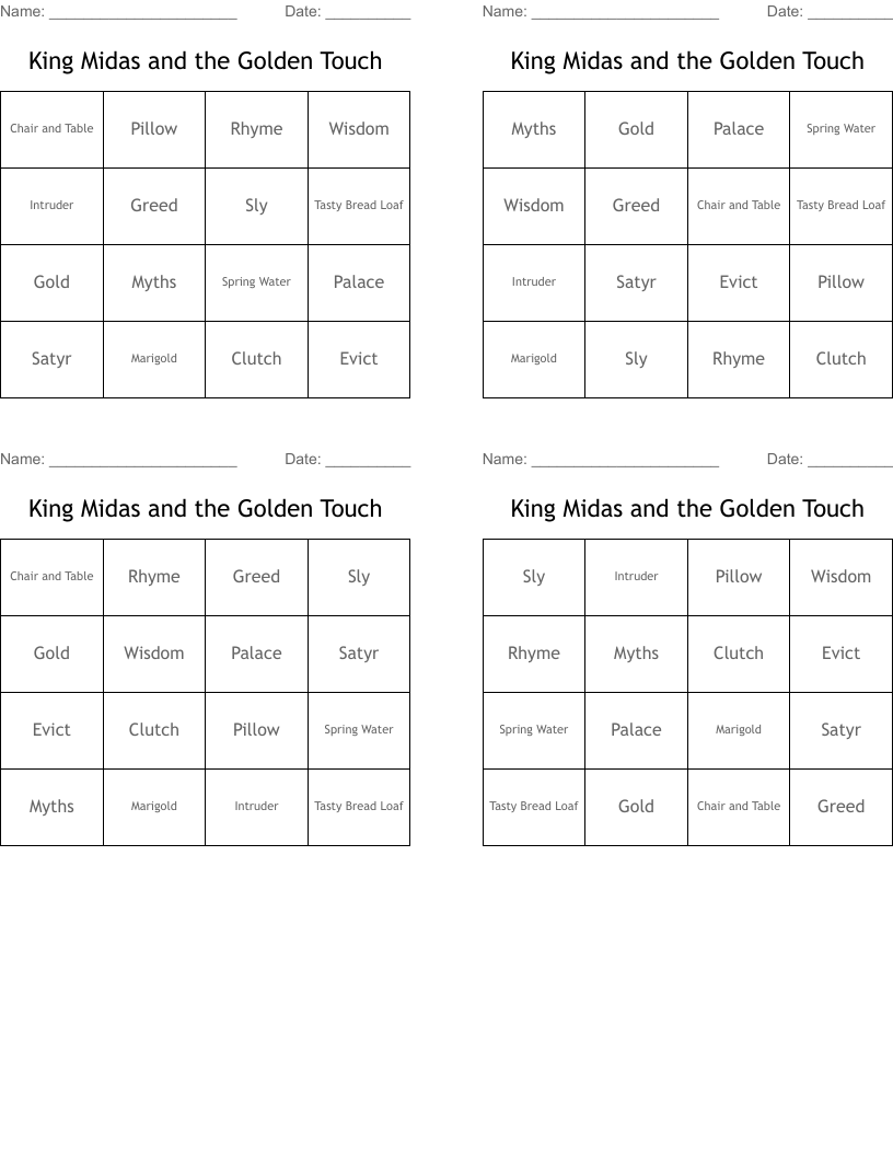 King Midas and the Golden Touch Bingo Cards
