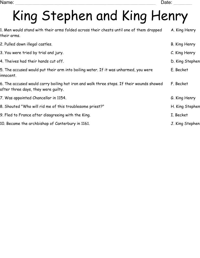 King Stephen and King Henry  Worksheet