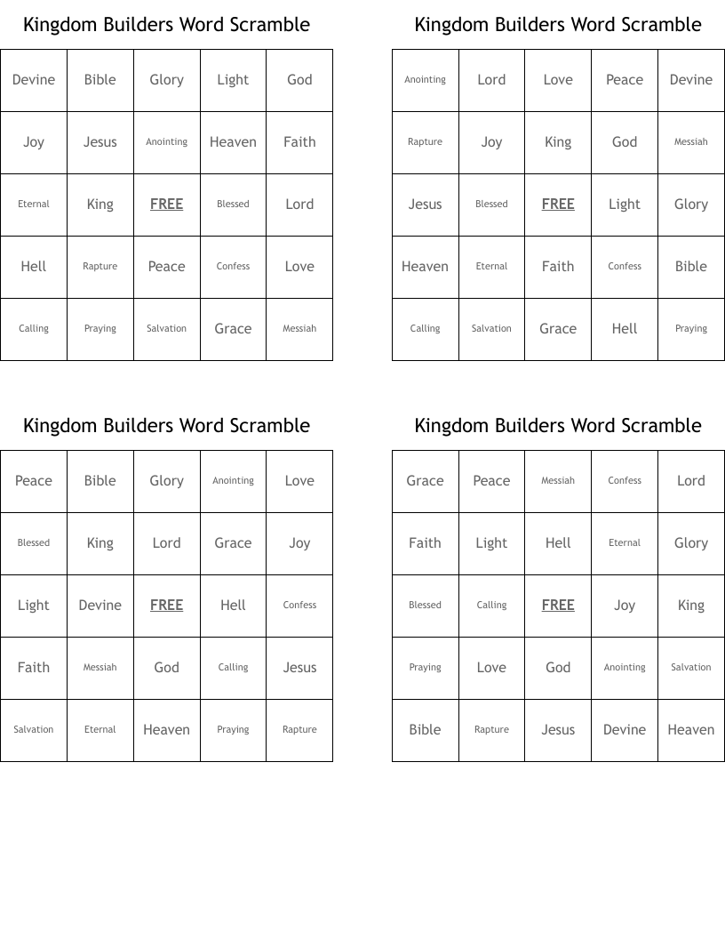 Kingdom Builders Word Scramble Bingo Cards