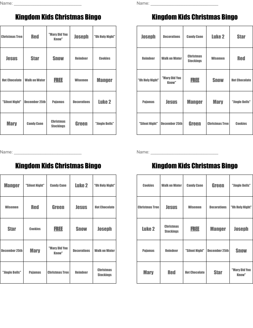 Kingdom Kids Christmas Bingo