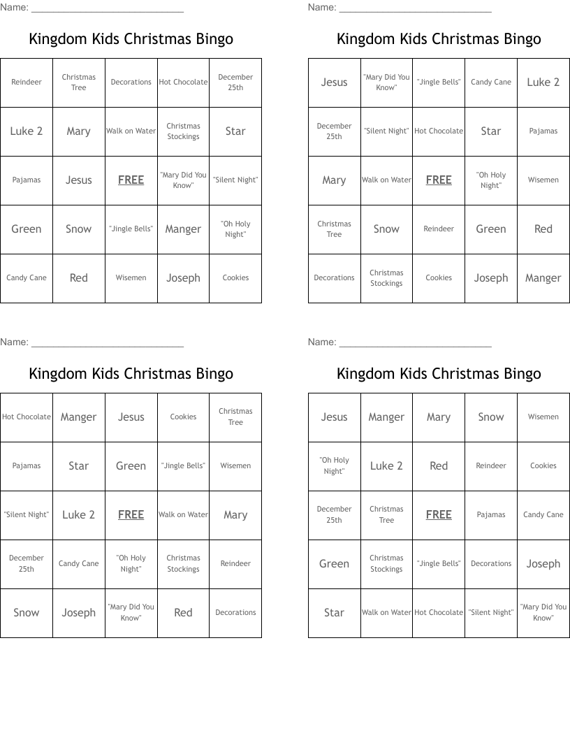 Kingdom Kids Christmas Bingo