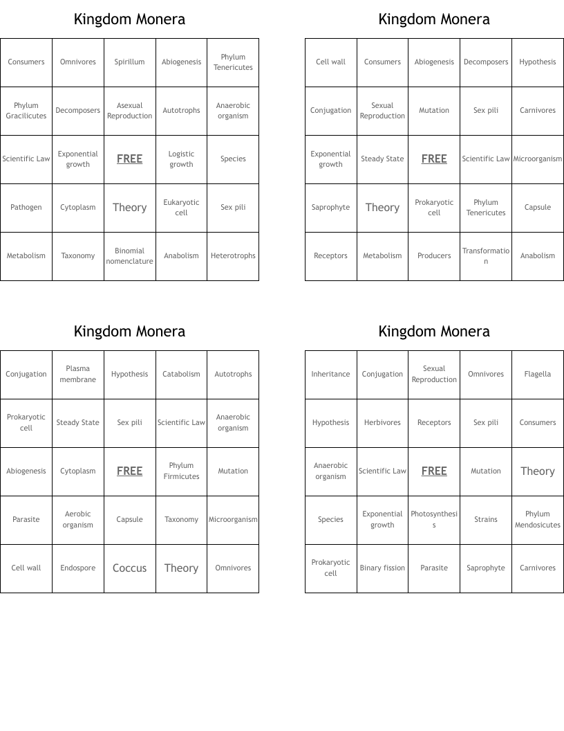 Kingdom Monera Bingo Cards