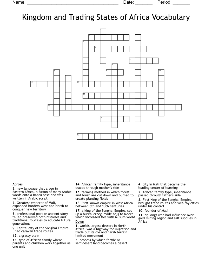 Kingdom and Trading States of Africa Vocabulary Crossword