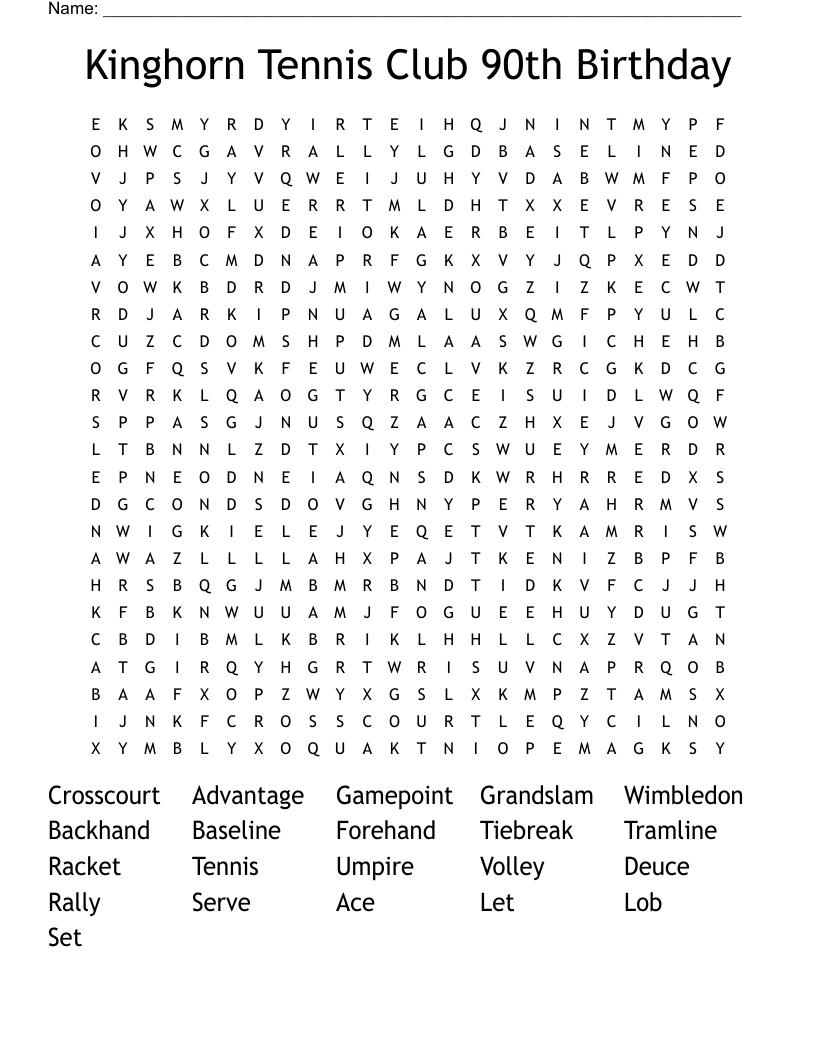 Kinghorn Tennis Club 90th Birthday Word Search