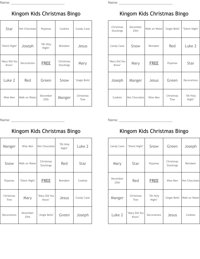 Kingom Kids Christmas Bingo