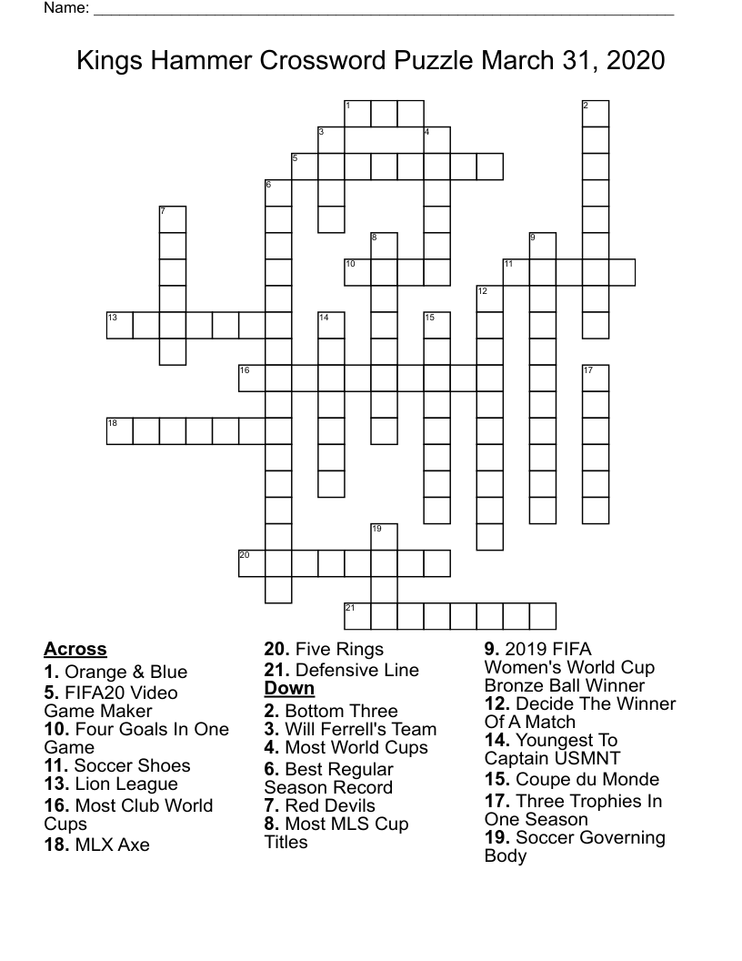 Kings Hammer Crossword Puzzle March 31, 2020