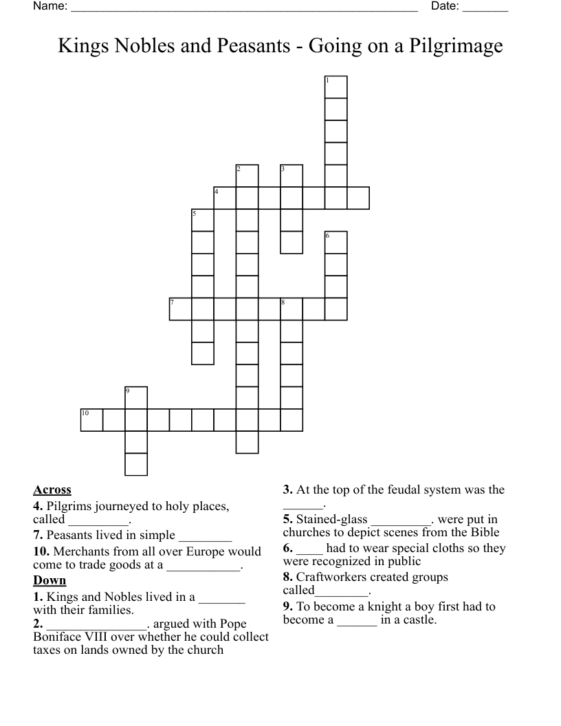 Kings Nobles and Peasants - Going on a Pilgrimage Crossword