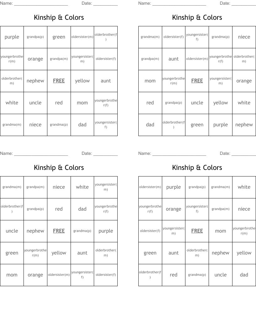 Kinship & Colors Bingo Cards