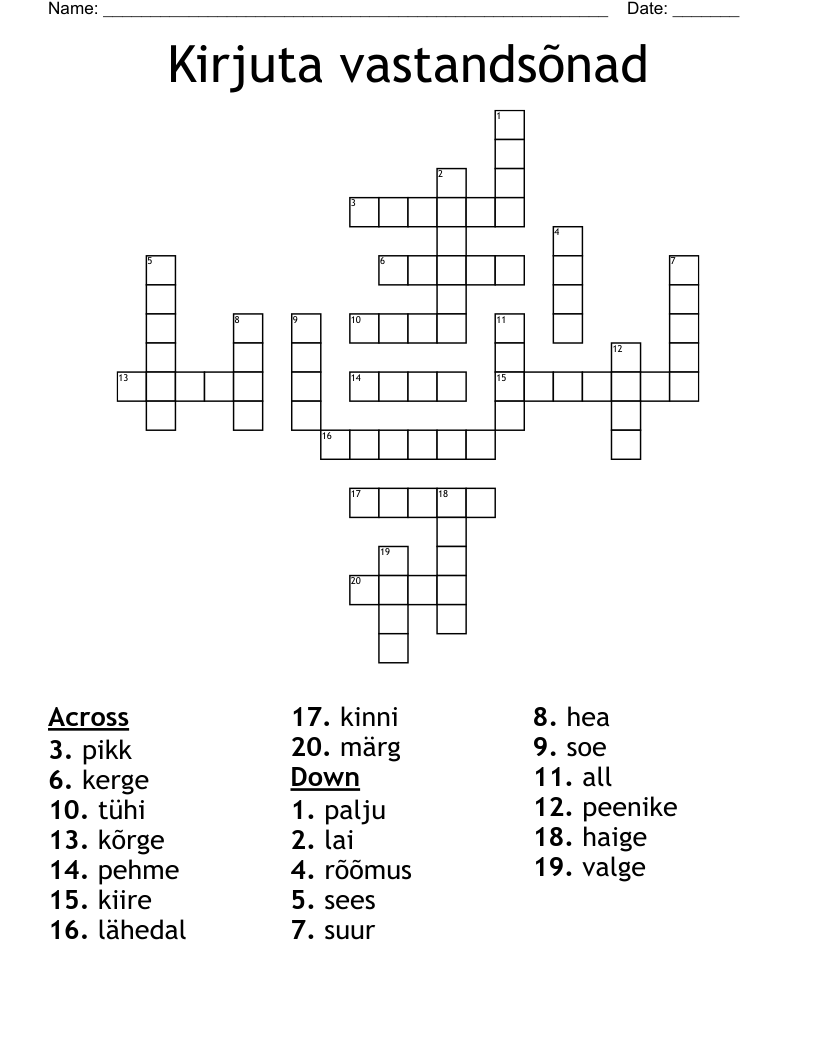 Kirjuta vastandsõnad Crossword