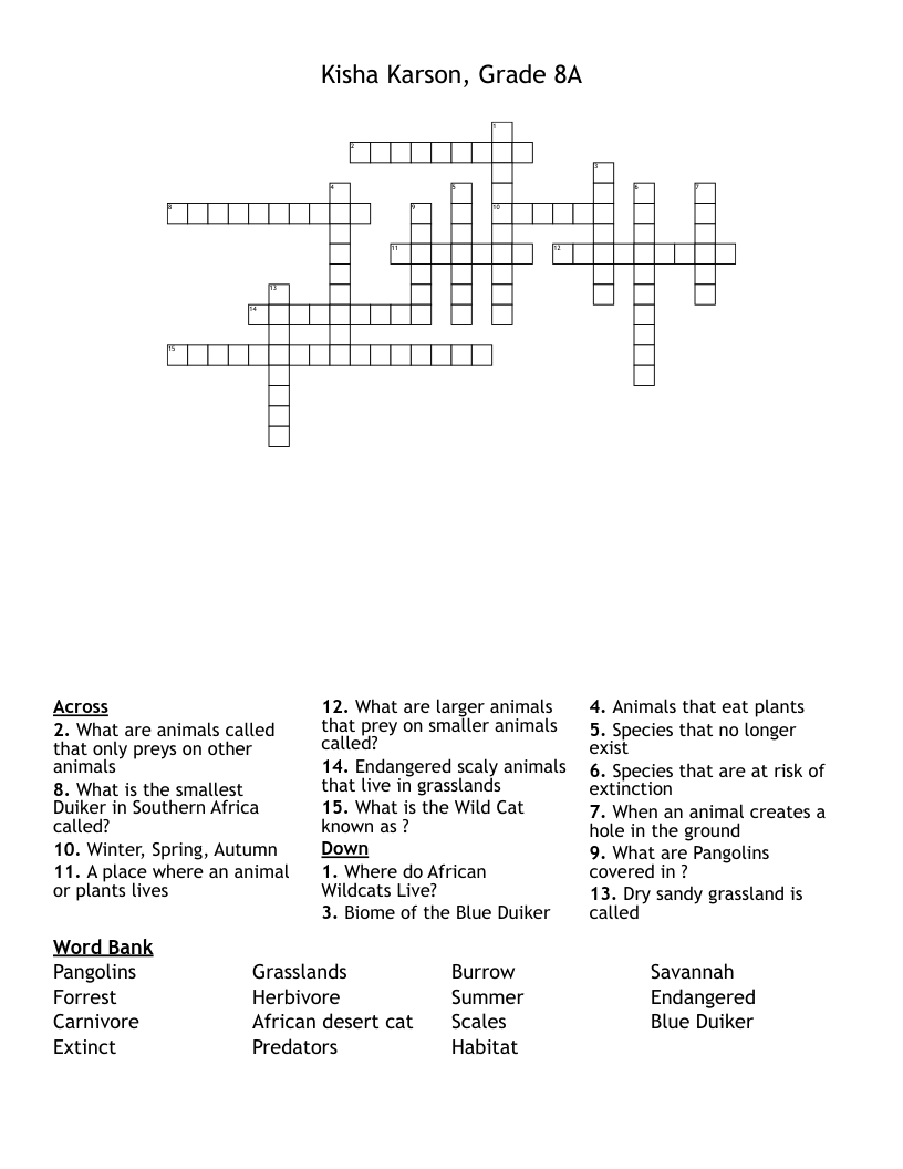 Kisha Karson, Grade 8A                                                             Crossword