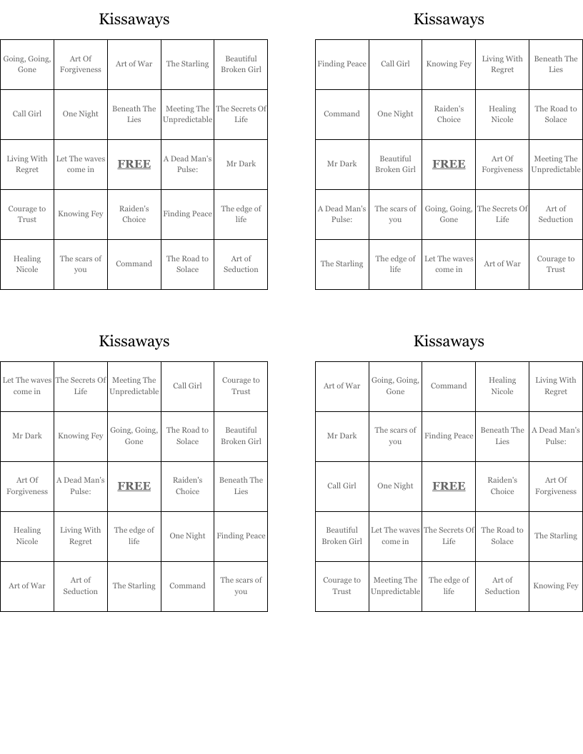 Kissaways Bingo Cards