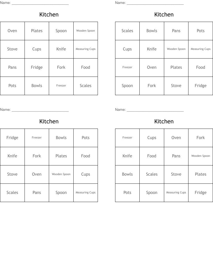 Kitchen Bingo Cards