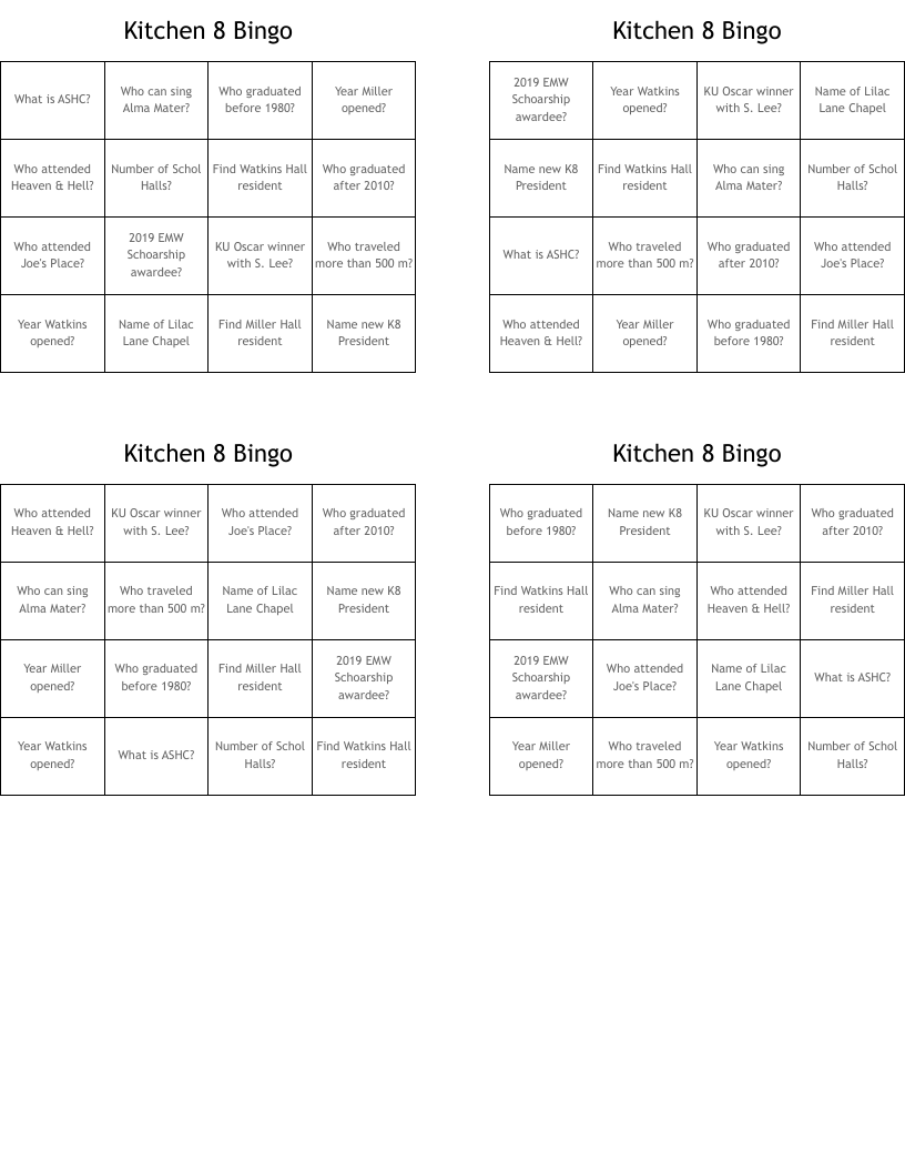 Kitchen 8 Bingo