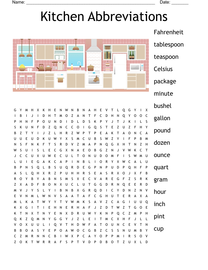 Kitchen Abbreviations Word Search