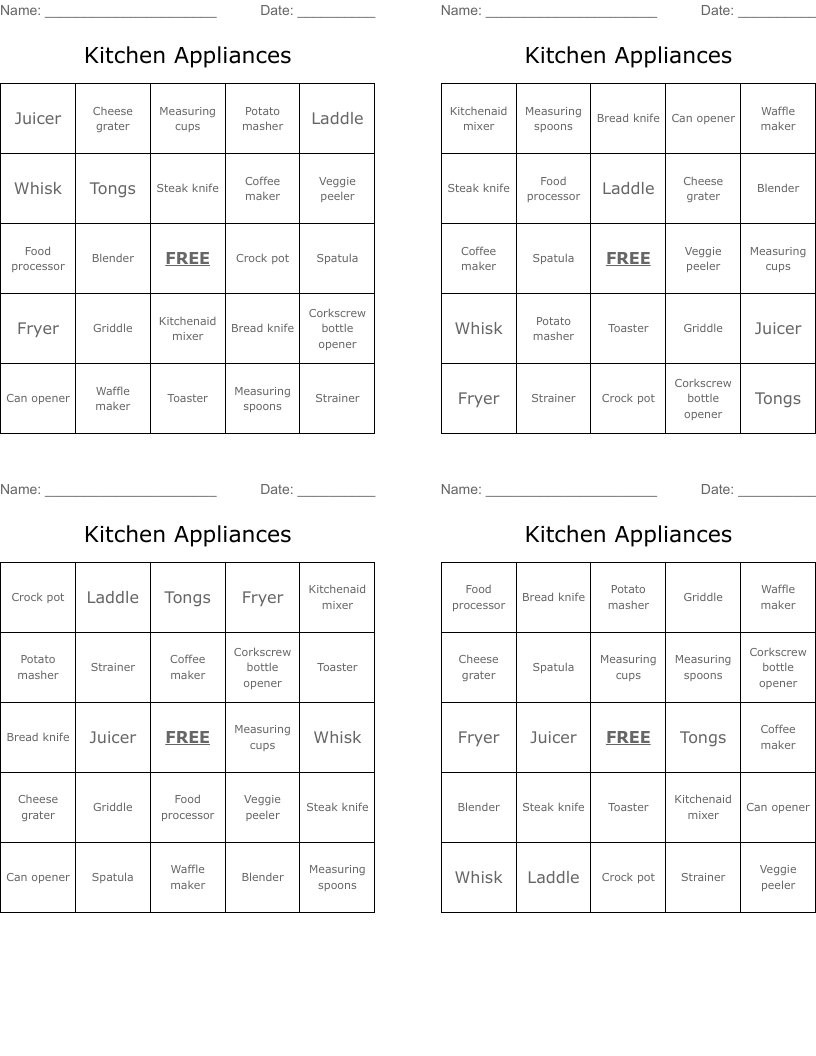 Kitchen Appliances Bingo Cards