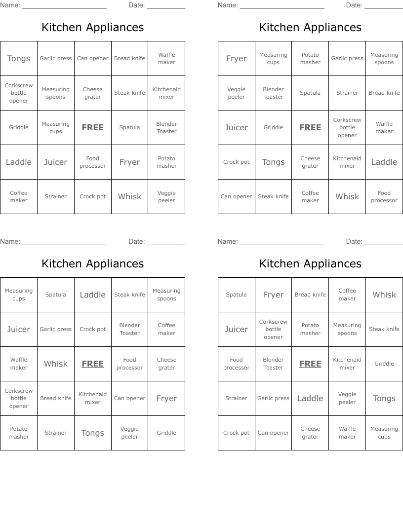 Kitchen Appliances Bingo Cards