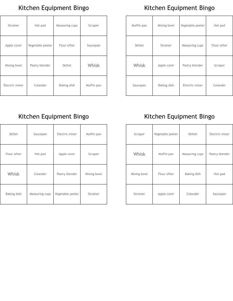 Kitchen Equipment Bingo