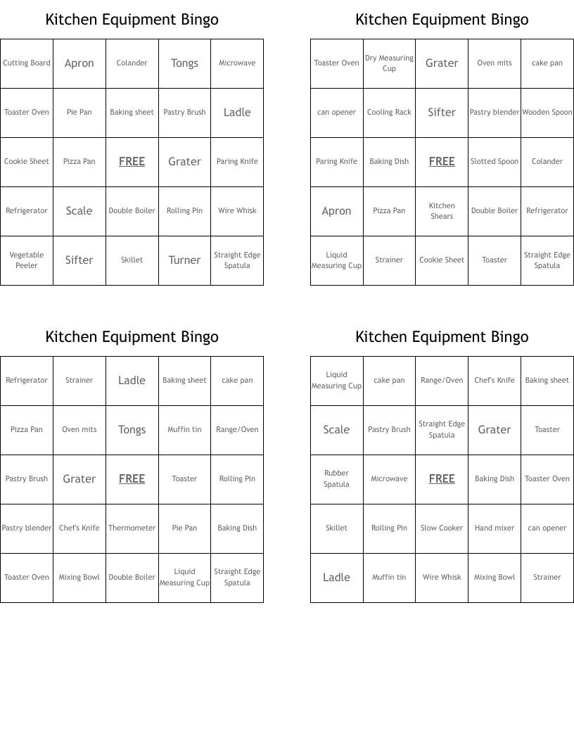 Kitchen Equipment Bingo