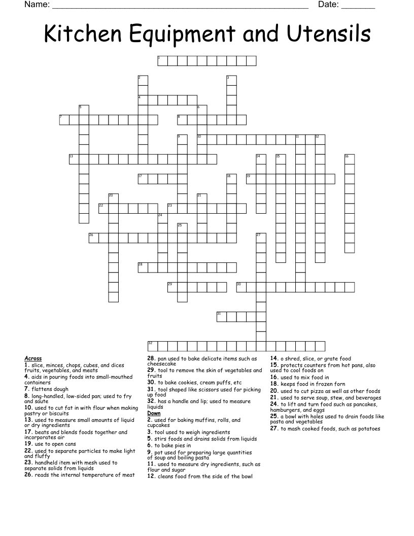 Kitchen Equipment and Utensils Crossword