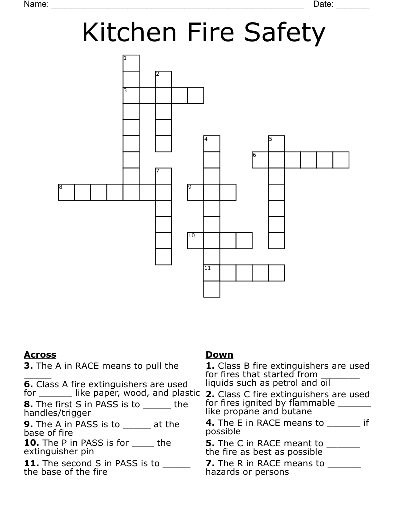 Kitchen Fire Safety Crossword