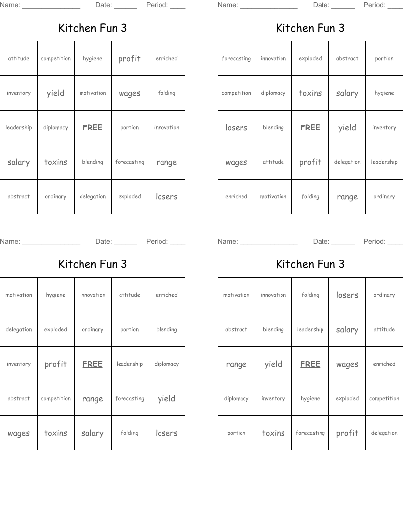 Kitchen Fun 3 Bingo Cards