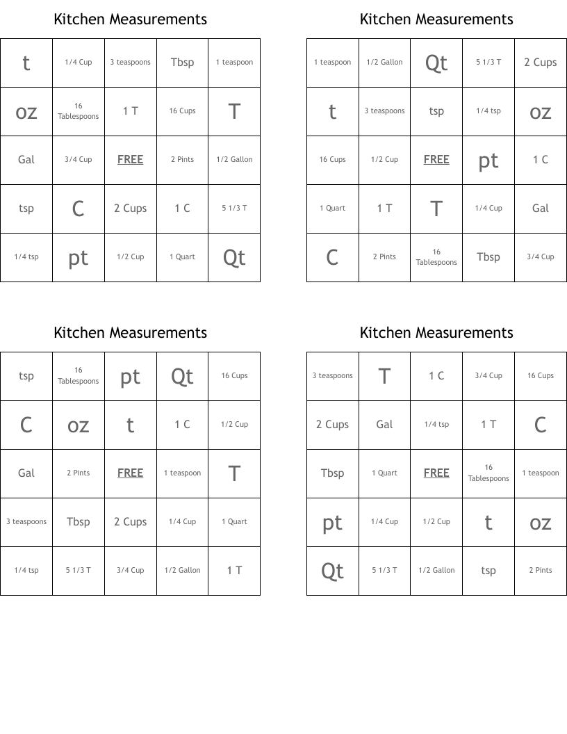 Kitchen Measurements Bingo Cards