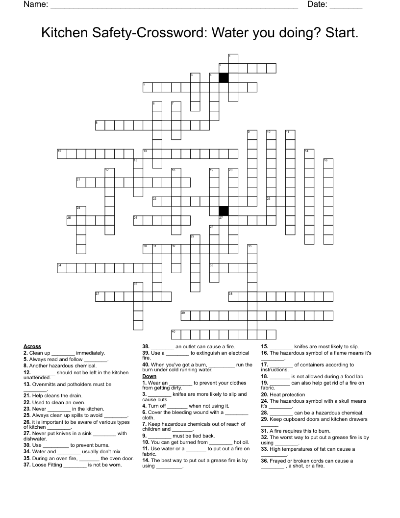 Kitchen Safety-Crossword: Water you doing? Start.