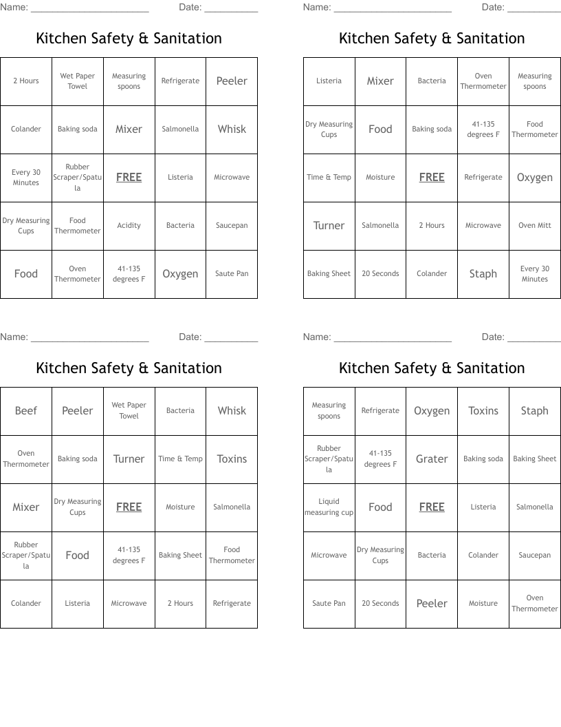 Kitchen Safety & Sanitation Bingo Cards