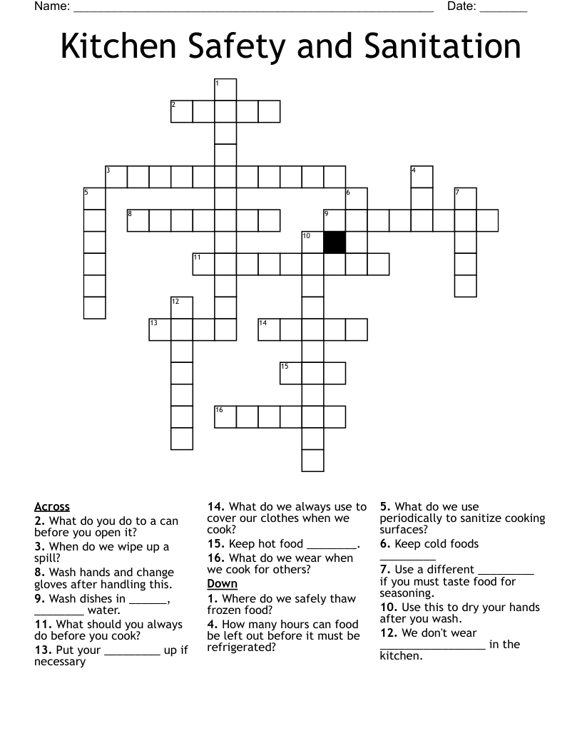 Kitchen Safety and Sanitation Crossword