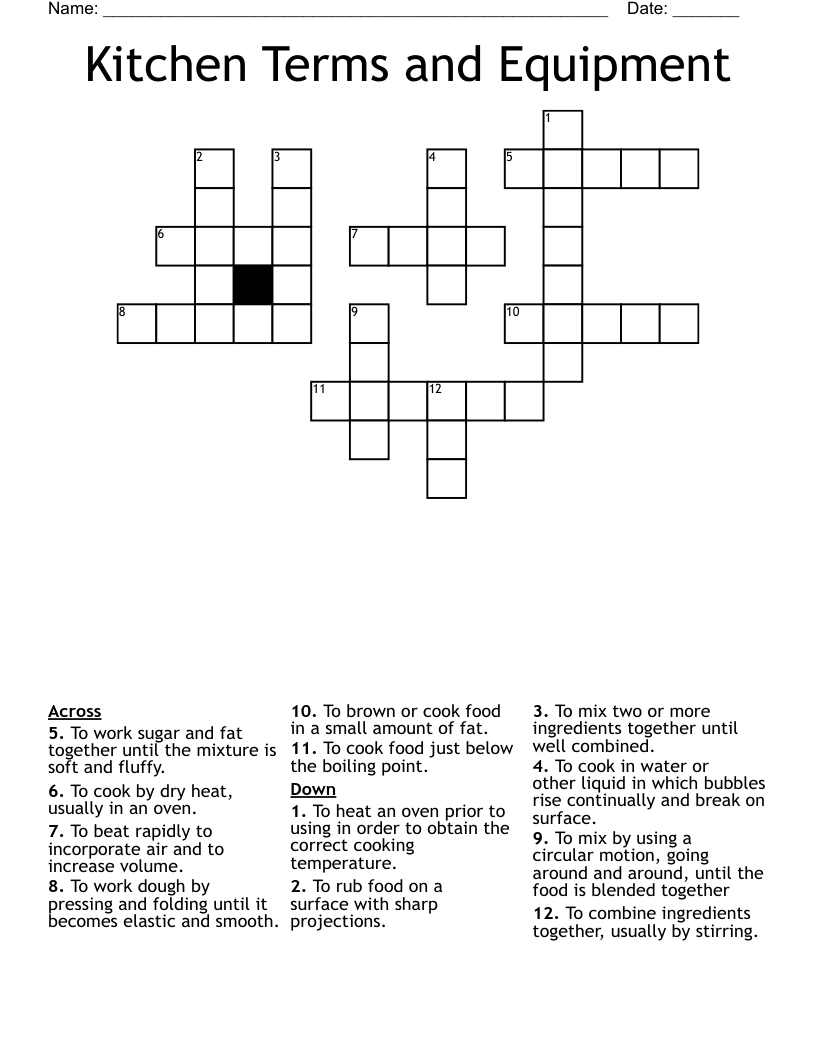 Kitchen Terms and Equipment Crossword