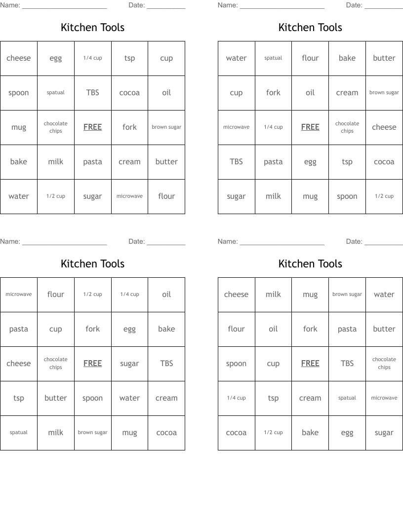 Kitchen Tools Bingo Cards