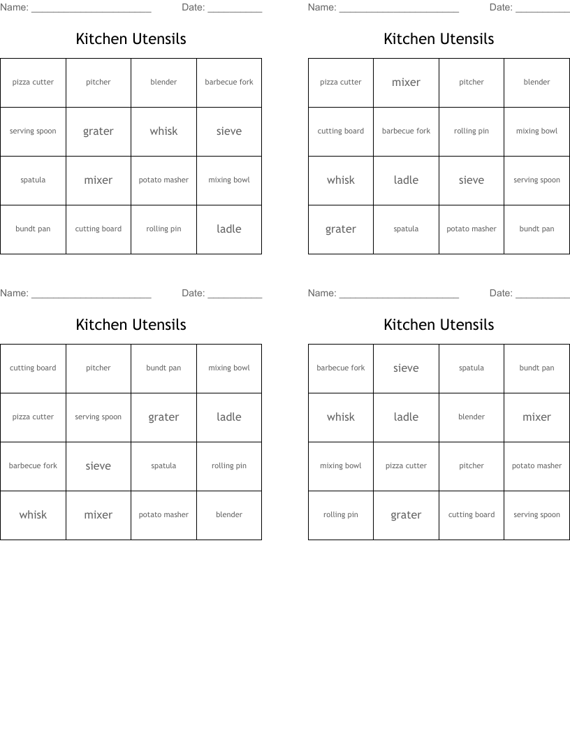 Kitchen Utensils Bingo Cards