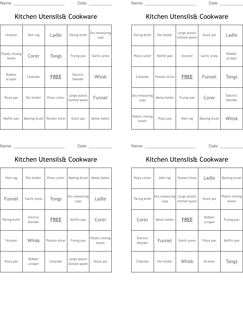 Kitchen Utensils& Cookware Bingo Cards