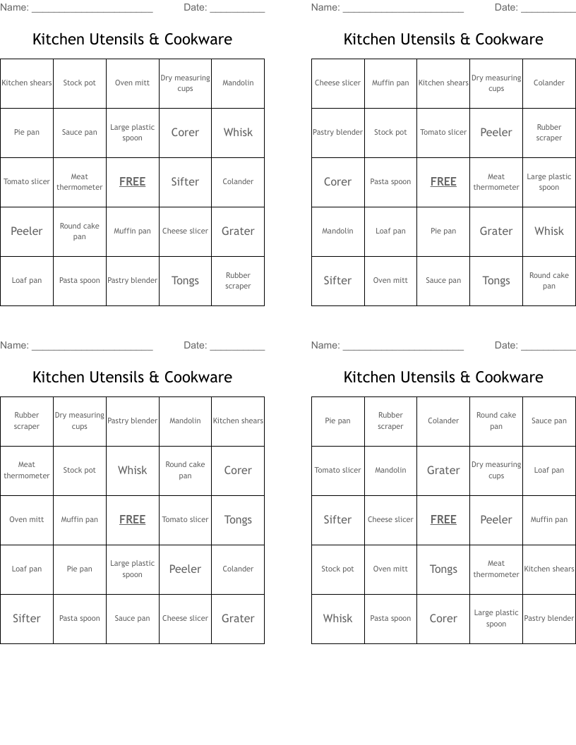 Kitchen Utensils & Cookware Bingo Cards