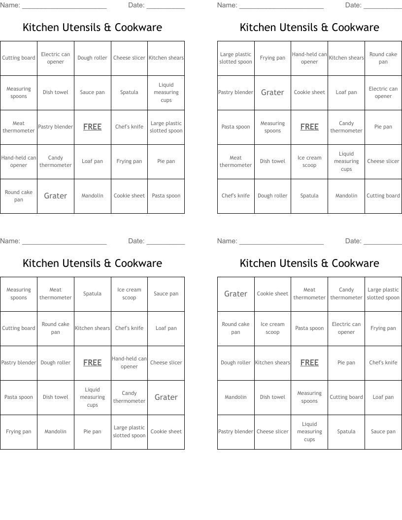 Kitchen Utensils & Cookware Bingo Cards
