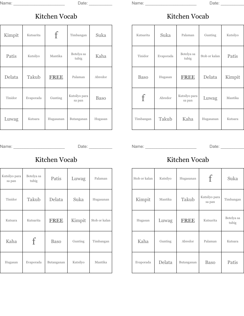 Kitchen Vocab Bingo Cards