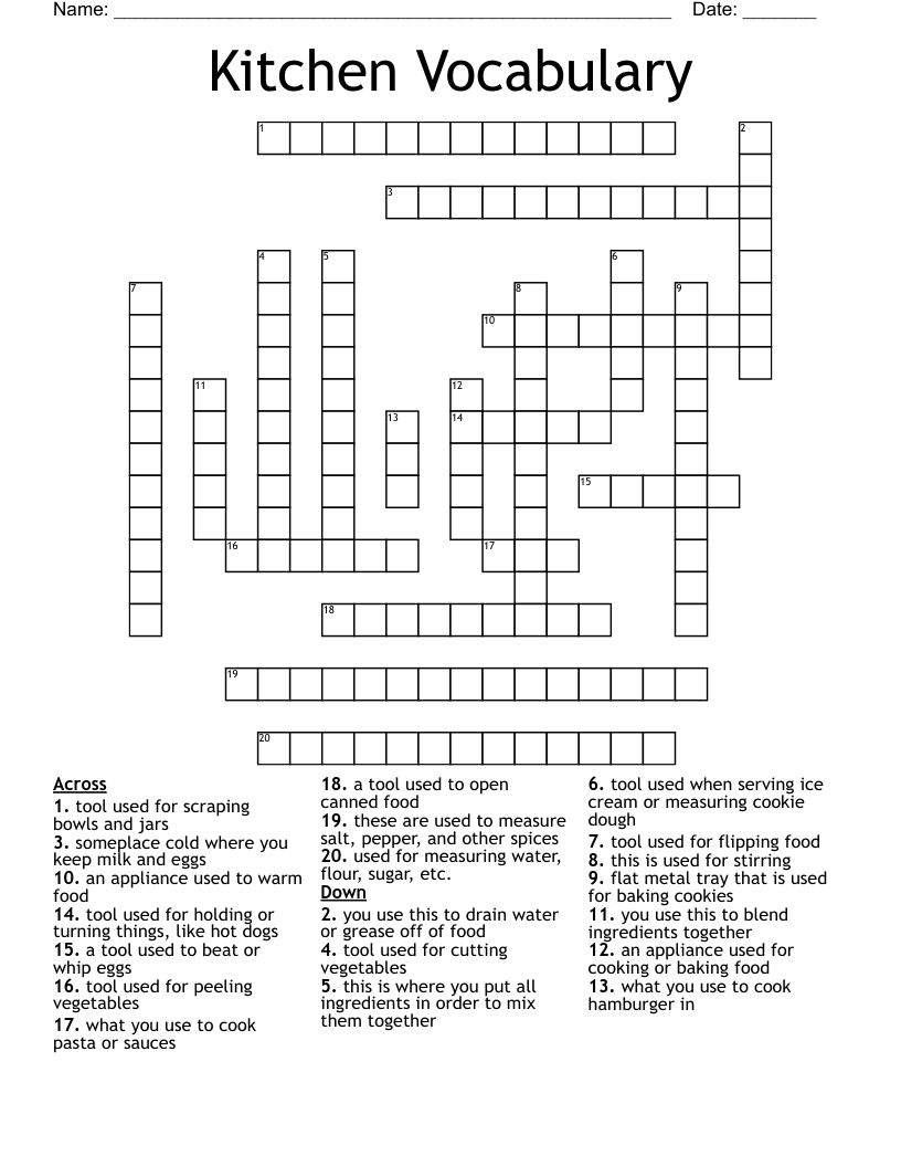 Kitchen Vocabulary Crossword