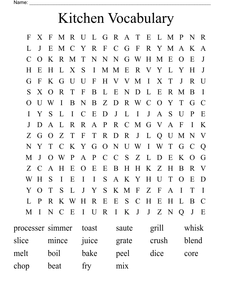 Kitchen Vocabulary Word Search