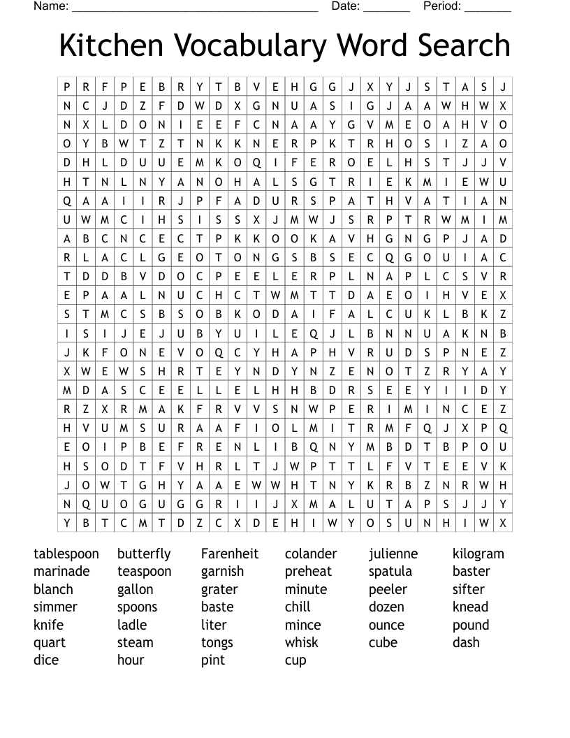 Kitchen Vocabulary Word Search