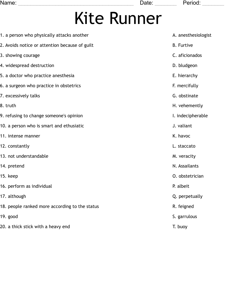 Kite Runner Worksheet