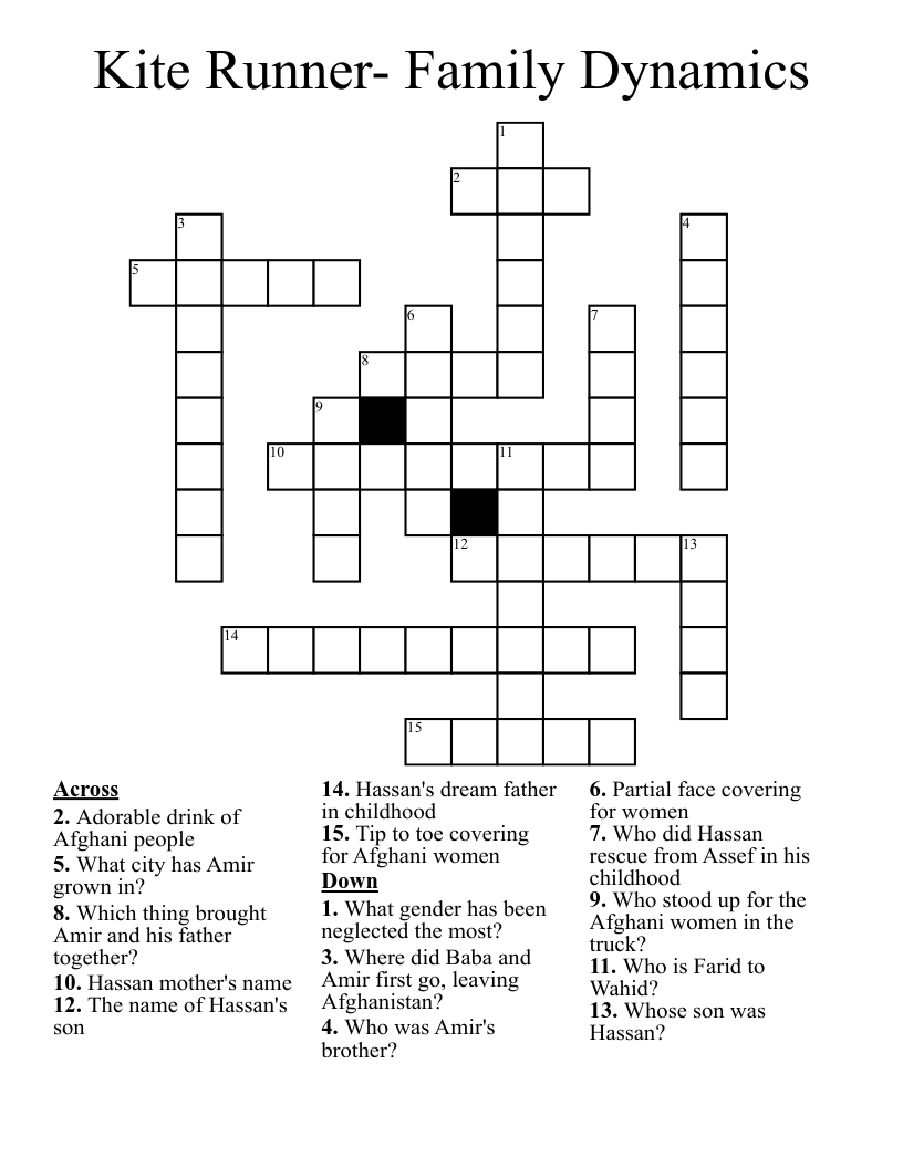 Kite Runner- Family Dynamics Crossword