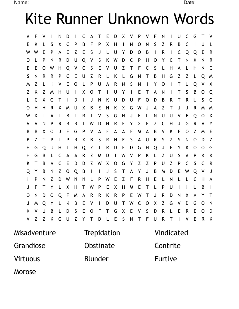 Kite Runner Unknown Words Word Search