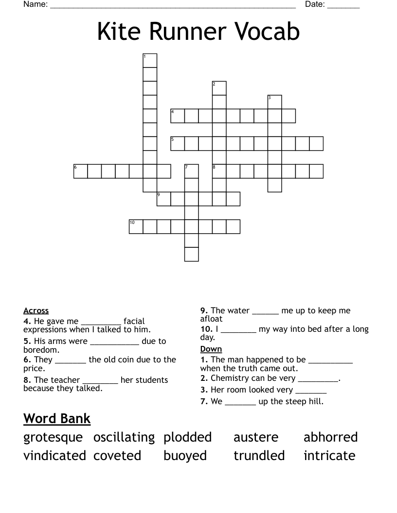 Kite Runner Vocab Crossword