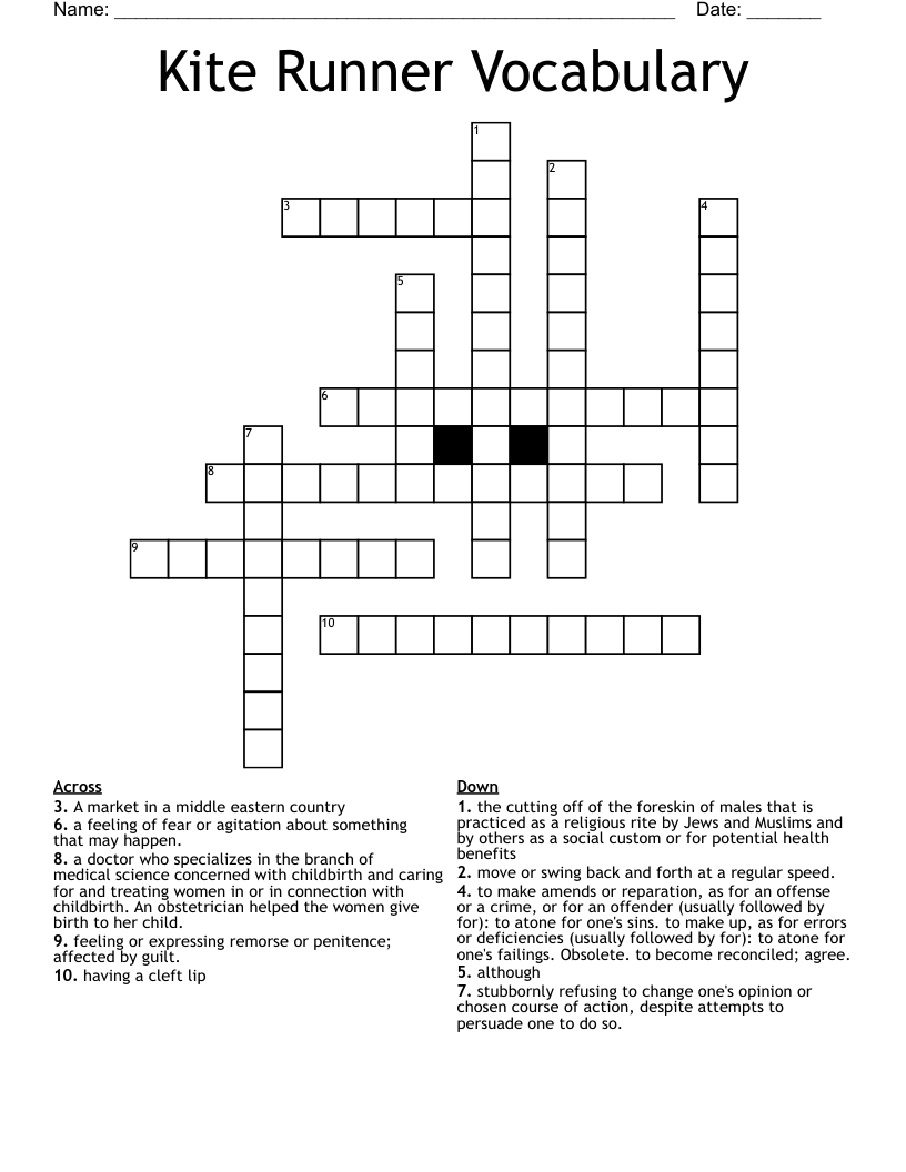 Kite Runner Vocabulary Crossword